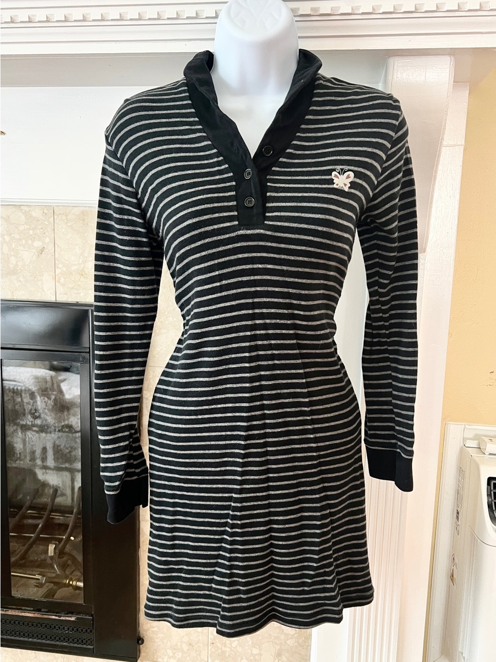 Striped Black & Gray Long-Sleeve Polo Dress